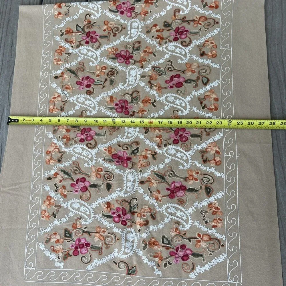 La Seine Embroidered Beige Floral Fringed Oversized Wrap Scarf Soft Luxurious